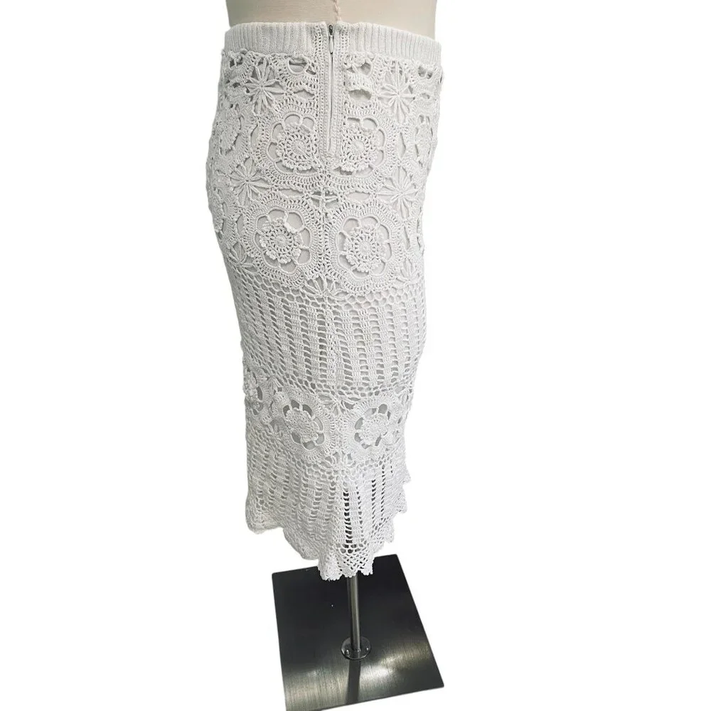 Boho Crochet Midi Skirt‎ White Floral Knit Lined 111 State XL Cottagecore - Picture 8 of 11